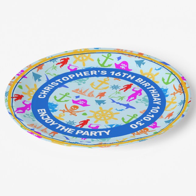Ships, Fishes, Pirates. Colourful Nautical Pattern Paper Plate (Angled)