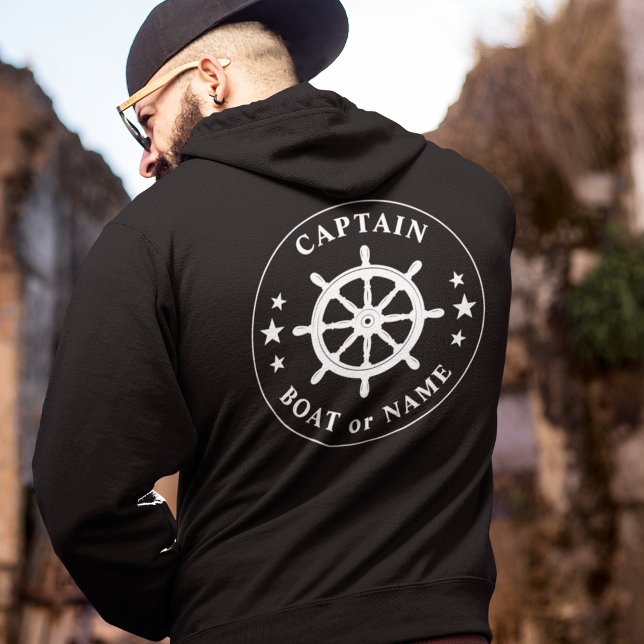 Ships Helm Wheel Stars Captain or Boat Name Black Hoodie (Creator Uploaded)