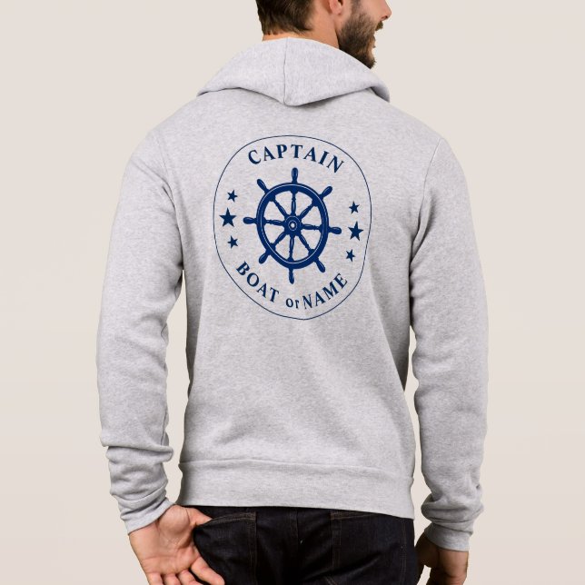 Ships Helm Wheel Stars Captain or Boat Name Grey Hoodie (Back)