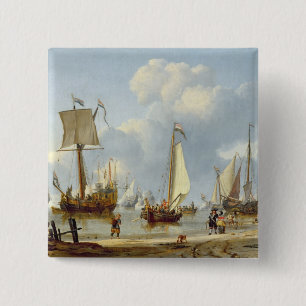 Ships in Calm Water with Figures by the Shore 15 Cm Square Badge