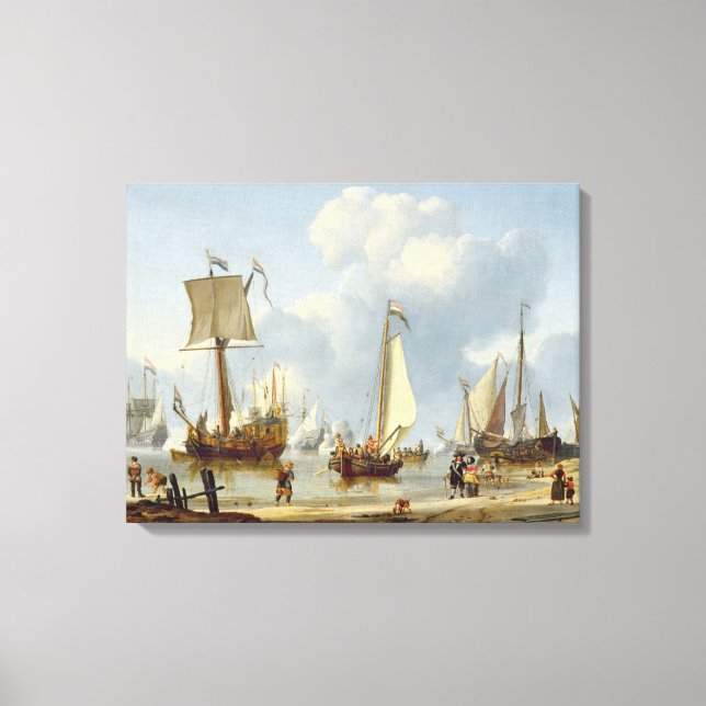 Ships in Calm Water with Figures by the Shore Canvas Print (Front)