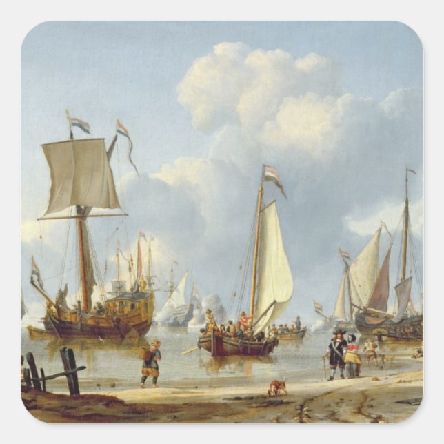 Ships in Calm Water with Figures by the Shore Square Sticker (Front)