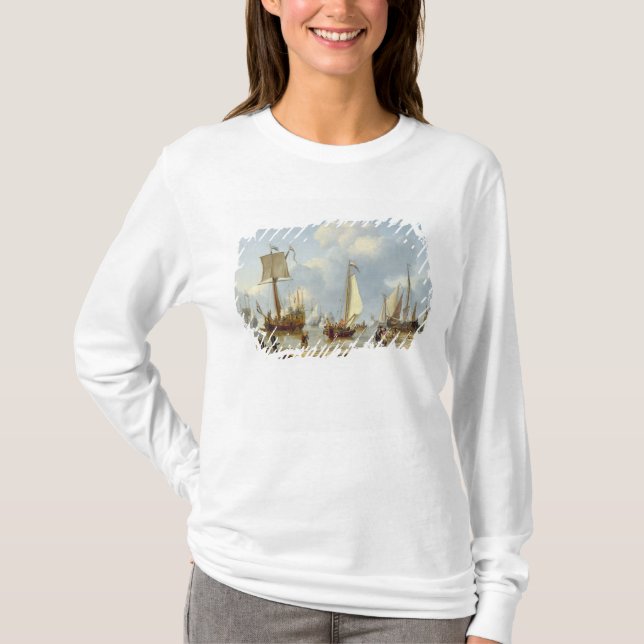 Ships in Calm Water with Figures by the Shore T-Shirt (Front)