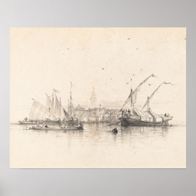 Ships in Sea Landscape Print, Vintage Sketch Poster (Front)