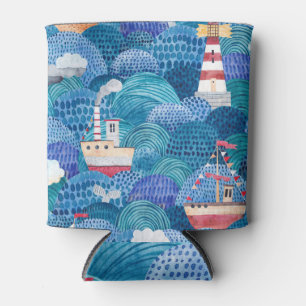 Ships & Lighthouse: Childish Watercolor Can Cooler