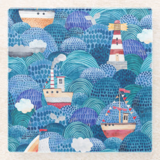 Ships & Lighthouse: Childish Watercolor Glass Coaster
