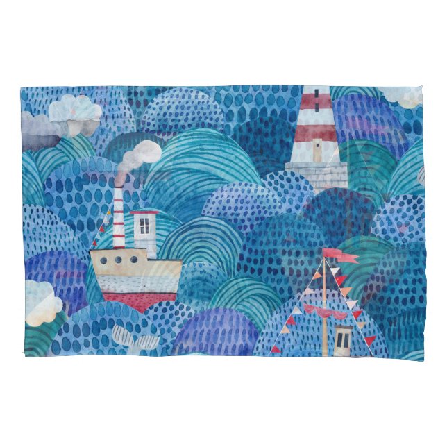 Ships & Lighthouse: Childish Watercolor Pillowcase (Front)
