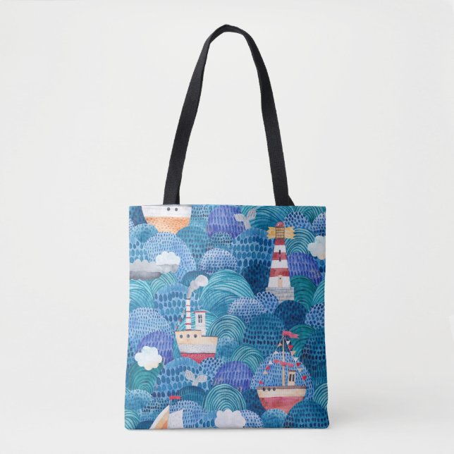 Ships & Lighthouse: Childish Watercolor Tote Bag (Front)
