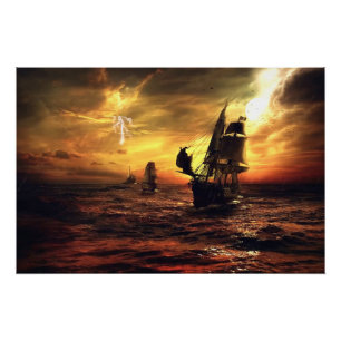 Ships on Stormy Sea Poster