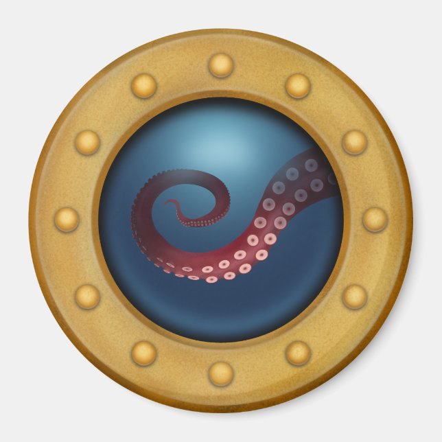 Ship's Porthole Octopus Natural History Steampunk Magnet (Front)