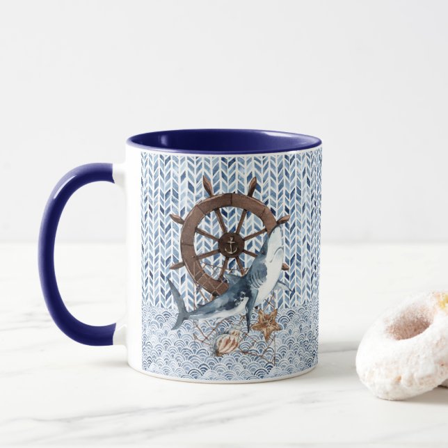 Ship's steering wheel and shark mug (With Donut)