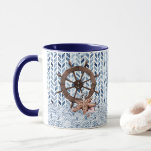 Ship's steering wheel, starfish, nautical pattern mug