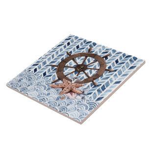 Ship's steering wheel, starfish, nautical pattern tile