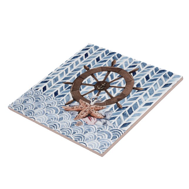 Ship's steering wheel, starfish, nautical pattern tile (Side)
