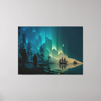 Ships under the crescent moon and Northern Lights Canvas Print
