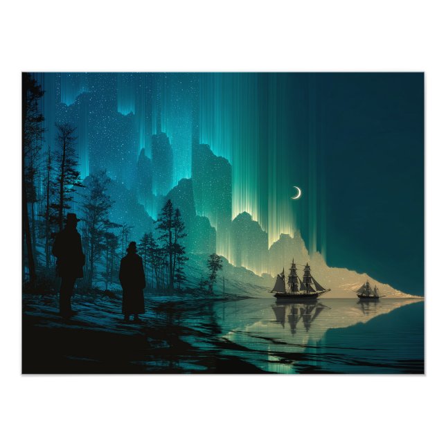 Ships under the crescent moon and Northern Lights Photo Print (Front)