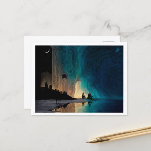 Ships under the crescent moon and Northern Lights Postcard