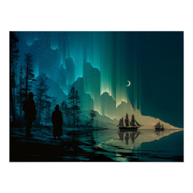 Ships under the crescent moon and Northern Lights Poster (Front)