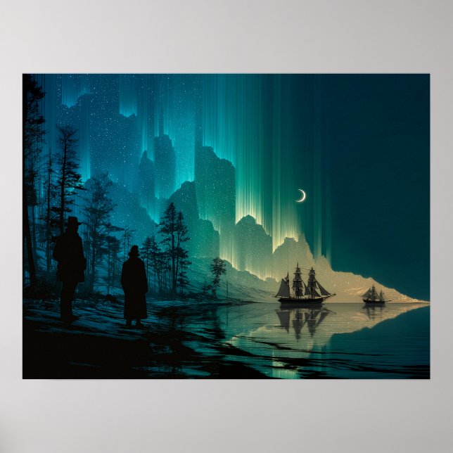 Ships under the crescent moon and Northern Lights Poster (Front)