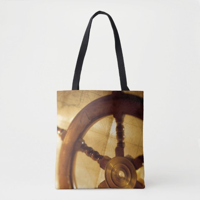 Ship'S Wheel And Map Tote Bag (Front)