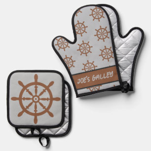 Ships Wheel Galley Boating Theme Oven Mitt & Pot Holder Set