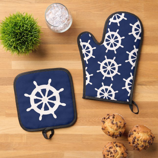 Ships Wheel Galley Kitchen Blue and White Sailors Oven Mitt & Pot Holder Set (Top Down)