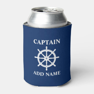 Ships Wheel Helm, Captain or Boat Name Navy Blue Can Cooler