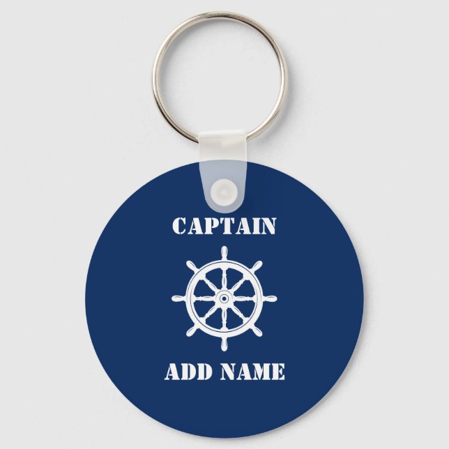 Ships Wheel Helm Captain or Boat Name Navy Blue Key Ring (Front)