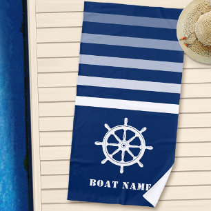 Ships Wheel Helm Your Boat Name Navy Blue Beach Towel