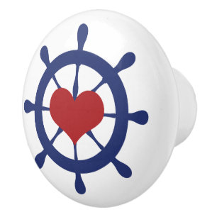 Shipwheel with Heart Coastal Nautical Beach Ceramic Knob