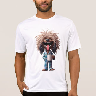 Shirt with dog that has a cup in his hand.