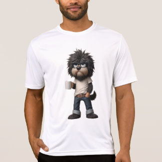 Shirt with dog that has a cup in his hand.