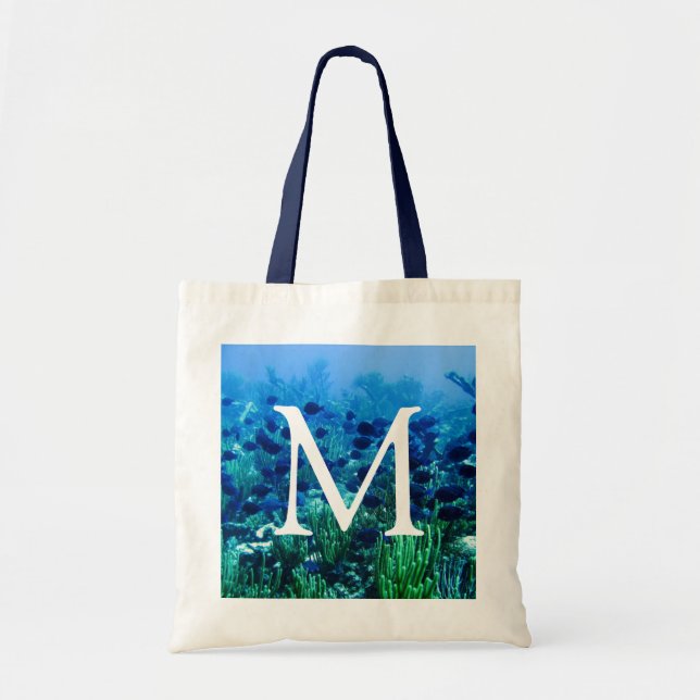 Shoal of Blue Discus Fish Monogram Tote Bag (Front)