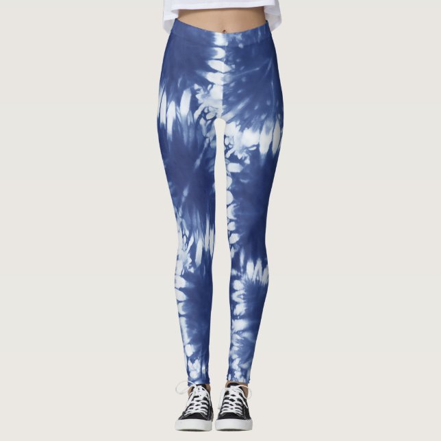 Shobori Tie Dye Print Pattern Blue Leggings (Front)