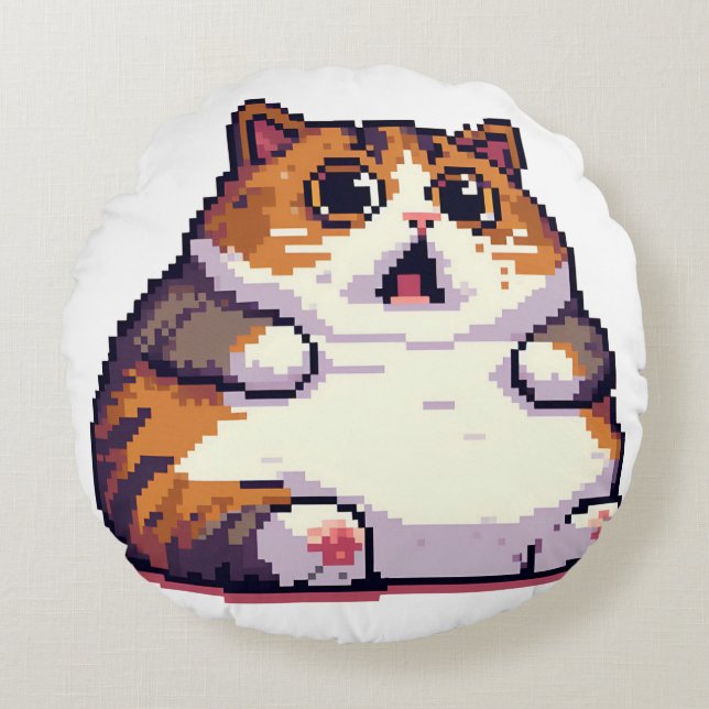 Shocked orange fat cat meme pixel art round cushion (Front)
