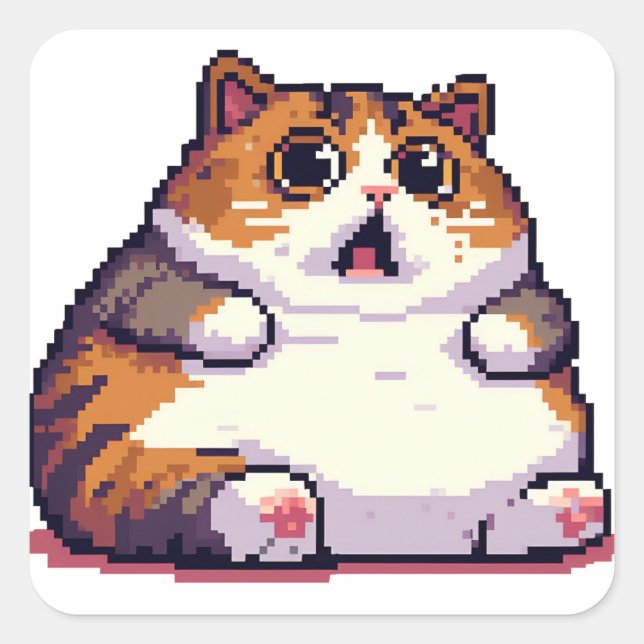 Shocked orange fat cat meme pixel art square sticker (Front)