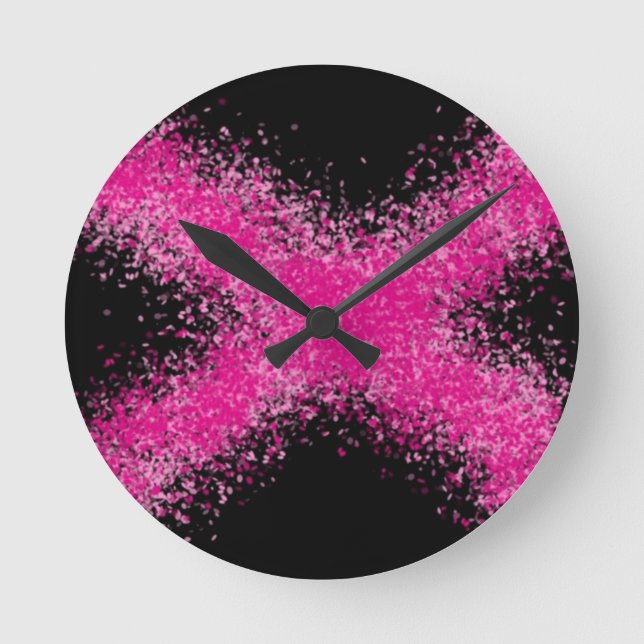 Shocking pink glitter confetti cross on black round clock (Front)