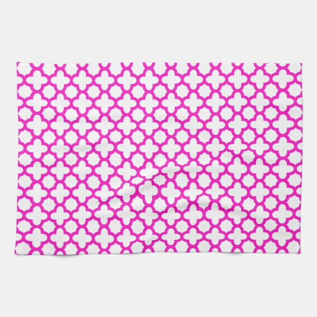 Shocking Pink Quatrefoil Pattern Tea Towel (Horizontal)
