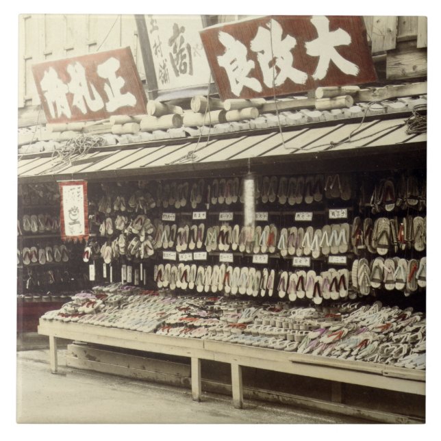 Shoe shop in Kyoto, c.1890 (hand-coloured photo) Tile (Front)