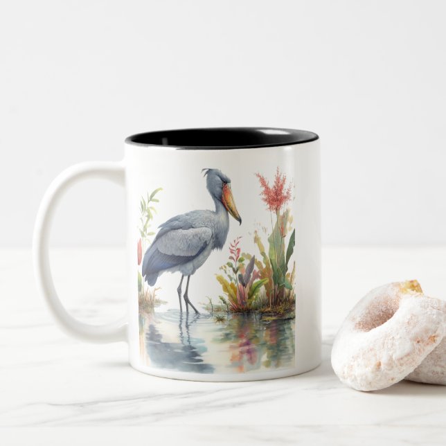 Shoebill Stork Watercolor painting Two-Tone Coffee Mug (With Donut)