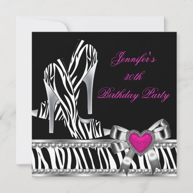 Shoes Pink 30th Birthday Party Zebra Black Invitation (Front)