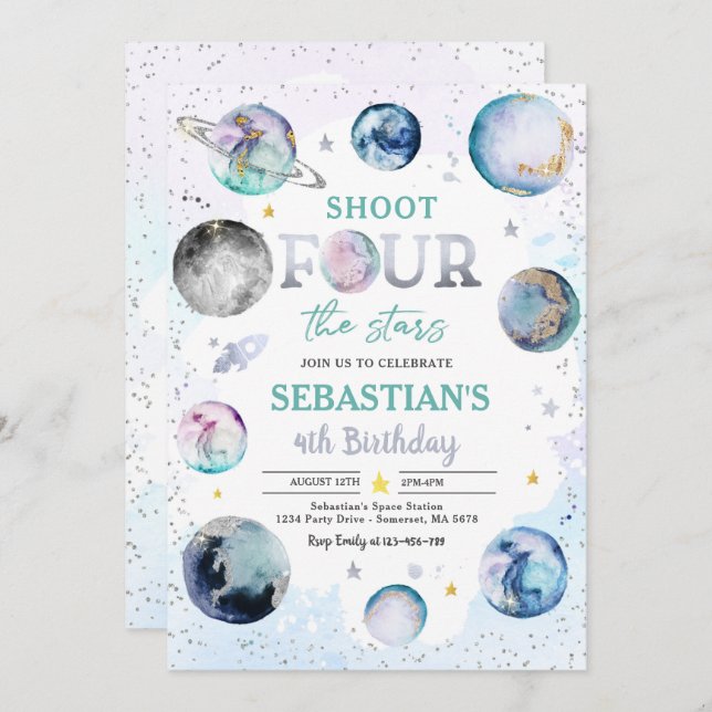 Shoot Four The Stars Space 4th Birthday Party Invitation (Front/Back)