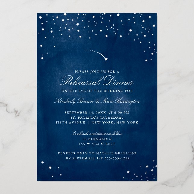 Shooting Star Blue Watercolor Wedding Rehearsal (Front)