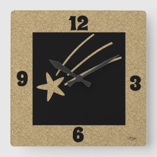 Shooting Star Cork-Look Modern Black Background Square Wall Clock