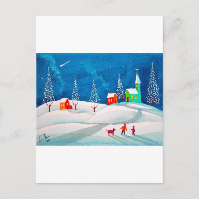 Shooting star folk naive art winter snow scene postcard (Front)