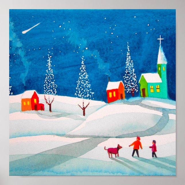 Shooting star folk naive art winter snow scene poster (Front)