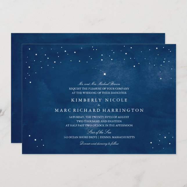 Shooting Star Navy Blue Watercolor Wedding Invitation (Front/Back)