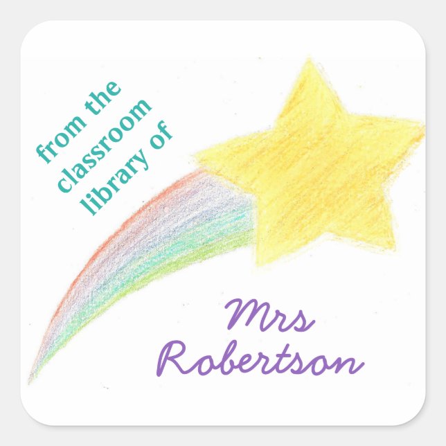 Shooting star personalised teacher bookplate square sticker (Front)