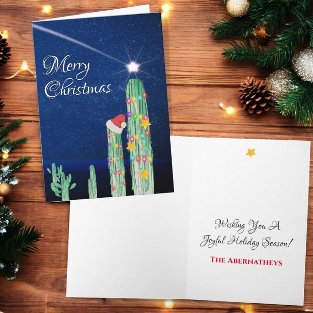 Shooting Star Southwest Cactus Custom Holiday Card (Christmas greeting card cover and inside template text)