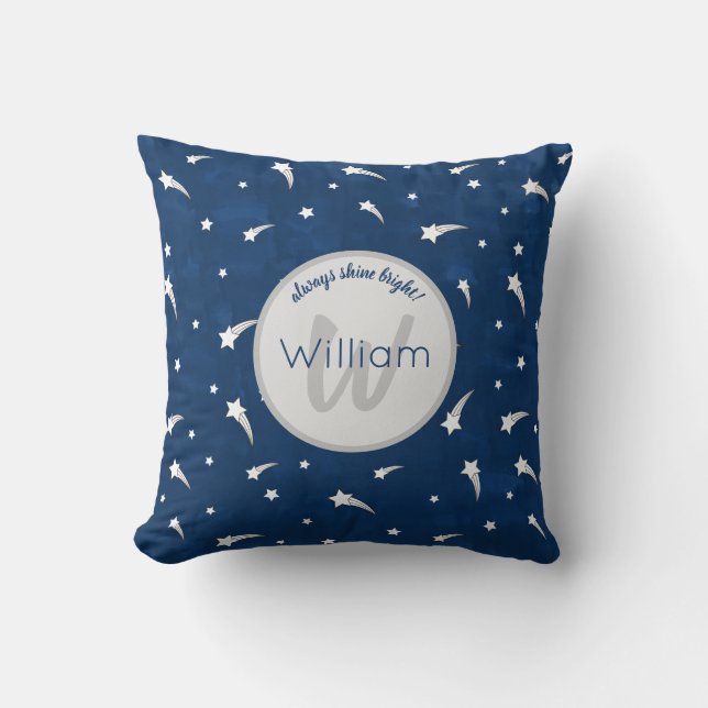 Shooting Stars Navy Blue Watercolor Monogram Cushion (Front)